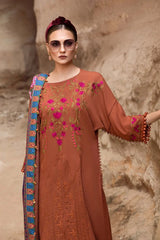 3PC DHANAK EMBROIDERED SHIRT WITH WOOL PRINT SHAWL SHAWL AND TROUSER M16