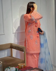 3PC linen EMBROIDERED SHIRT WITH ORGANZA PRINTED DUPPATA AND TROUSER - Party Wear