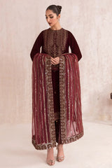 3PC- VELVET EMBROIDERED SHIRT WITH ORGANZA EMBROIDERED DUPATTA AND VELVET EMBROIDERED TROUSER - Party Wear